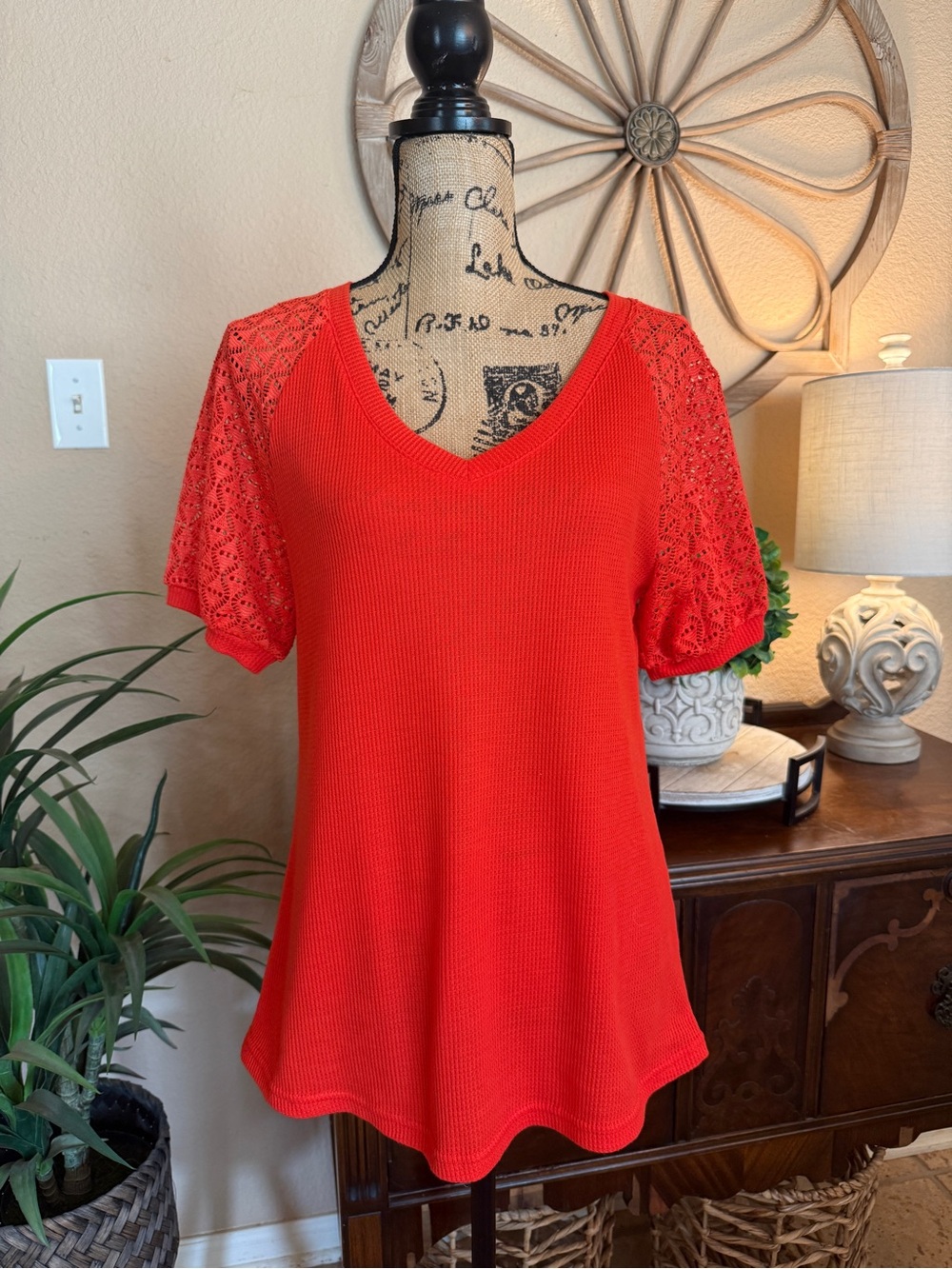 Meroketty Women’s Orange V-Neck Knit Top with Lace Short Sleeves